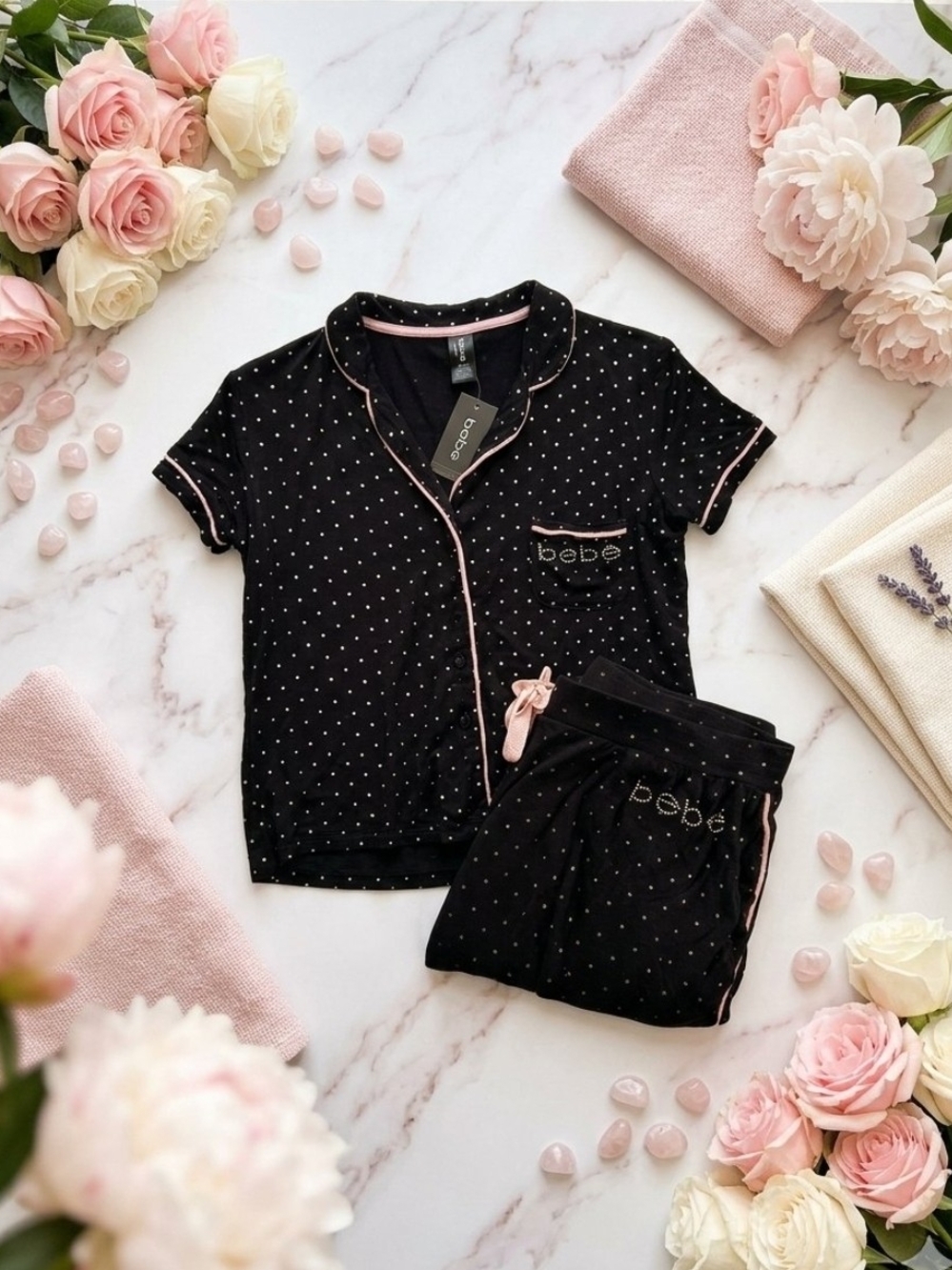 Bebe Black Polka Dot Pajama Set with Pink Trim. No Tags. Medium
